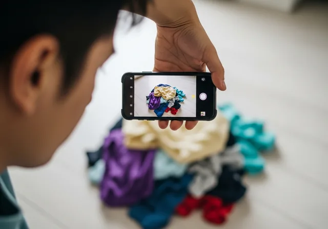 Person holding phone overhead pointing straight down at laundry