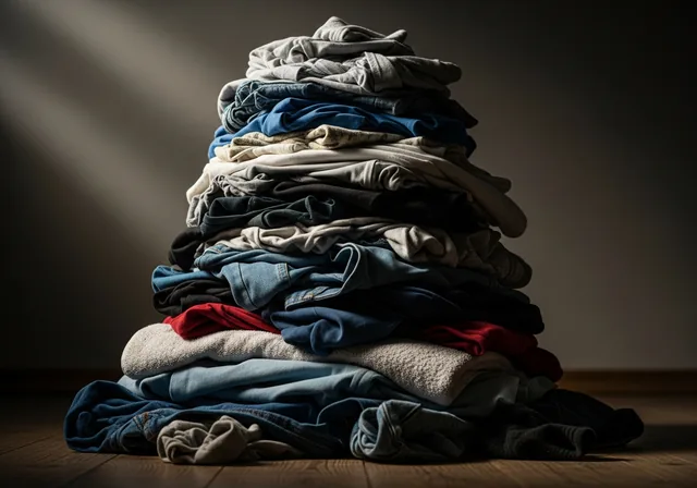 Laundry heaped in a pile, photographed from the side